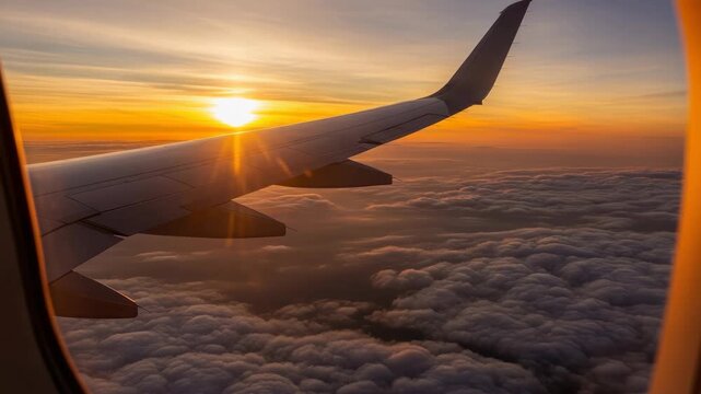 Aerial View Of Aircraft Wing At Sunset Framed By Window Flying Above Clouds With Sun Visible For Travel Aviation Scenic Imagery Usable For Background