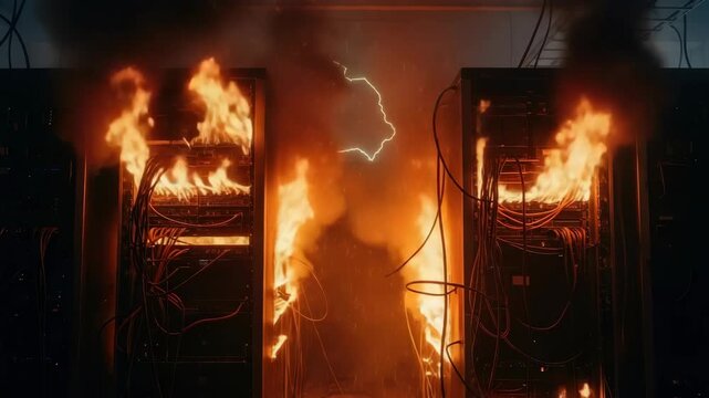 Server Room Is Engulfed In Flames Lightning Showcasing Data Center Failure Crisis With Potential Use In System Breakdown Digital Disasters