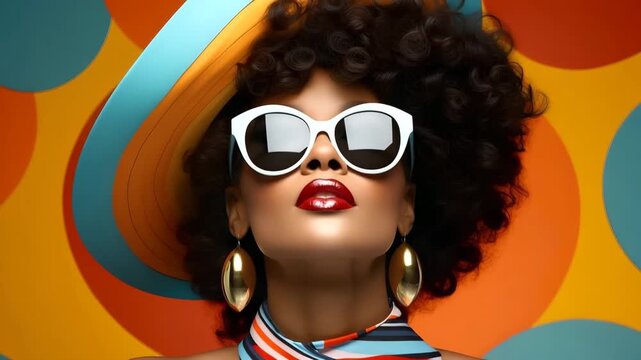 A model poses confidently in fashionable sunglasses and a hat. The bright background features colorful patterns that enhance the vibrant look during a summer day.