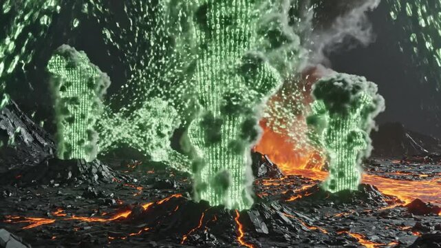 Green Alien Virus Outbreak Concept - Abstract Digital Art with Lava and Molten Rock Background