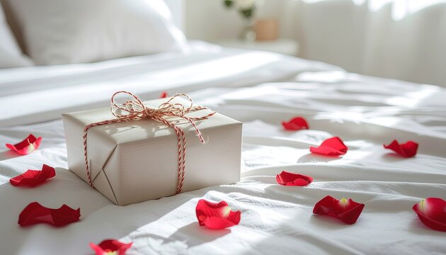 Romantic Valentine's Day Surprise on Bed, Minimalist Gift Box with Red Rose Petals on White Bedding, Intimate Morning Anniversary Celebration Concept.