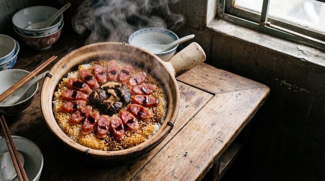 Claypot Rice: Cantonese claypot rice (Bo Zai Fan) with preserved sausage (lap cheong) and shiitake mushrooms, crispy rice layer at the bottom, soy sauce drizzle, steam, rustic setting