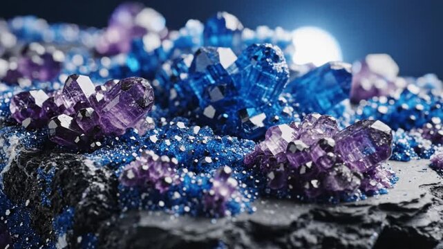 Macro view of sparkling blue and purple crystals, abstract mineral formation on dark textured surface