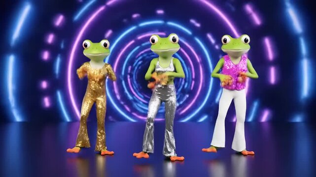 Three Dancing Frogs in Disco Outfits with Neon Lights.