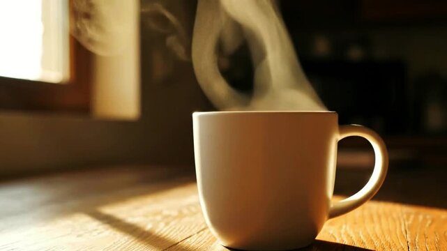 Steaming white coffee mug on wooden table in morning sunlight