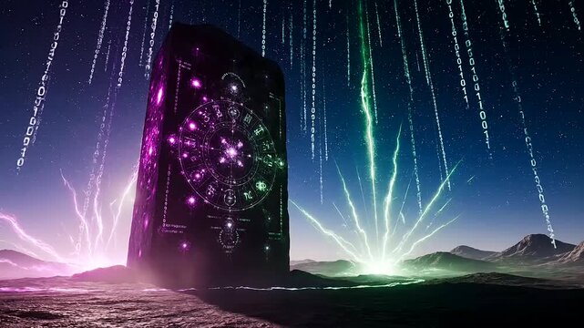 A powerful Predictive Market Indicators system depicted as a glowing data monolith under a starry, digital sky.
