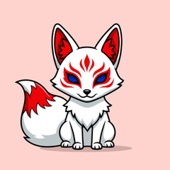 Obraz premium Cute White Chibi Kitsune Fox with Red Japanese Mask Markings, Minimalist Vector Illustration of Mythical Inari Spirit Animal Mascot for Stickers and Graphic Design