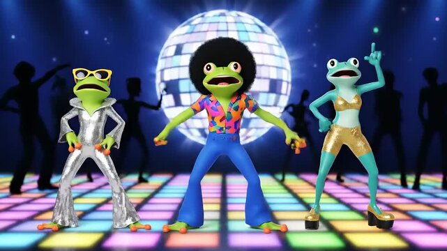 Groovy cartoon frogs disco dancing, party! 70's aesthetic, cool outfits, dancing, good times, shining disco ball, illuminated dance floor, night life.