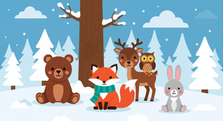 Naklejka premium Flat cute kids vector winter woodland scene with fox in scarf, deer, bear cub, rabbit, and owl in snow. Ideal for seasonal kids illustrations and educational content 