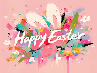 Happy easter greeting illustration with colorful flowers bunny ears and playful text showing spring celebration joyful holiday mood and a modern festive floral design style.