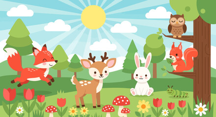 Obraz premium Flat cute kids vector meadow scene with deer, fox, rabbit, squirrel, owl, and hedgehog surrounded by flowers. Great for nursery decor, preschool content, and children design