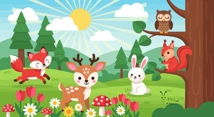 Obraz premium Flat cute kids vector meadow scene with deer, fox, rabbit, squirrel, owl, and hedgehog surrounded by flowers. Great for nursery decor, preschool content, and children design