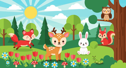 Obraz premium Flat cute kids vector meadow scene with deer, fox, rabbit, squirrel, owl, and hedgehog surrounded by flowers. Great for nursery decor, preschool content, and children design