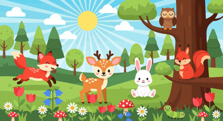 Naklejka premium Flat cute kids vector meadow scene with deer, fox, rabbit, squirrel, owl, and hedgehog surrounded by flowers. Great for nursery decor, preschool content, and children design