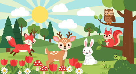Flat cute kids vector meadow scene with deer, fox, rabbit, squirrel, owl, and hedgehog surrounded by flowers. Great for nursery decor, preschool content, and children design