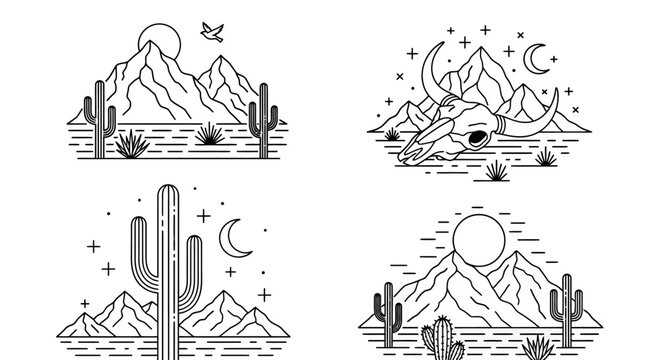 Minimal desert landscape vector set with cacti, mountains, sun, moon, and animal skulls in a line art style. Perfect for t-shirt prints, posters, outdoor-themed branding, and retro designs