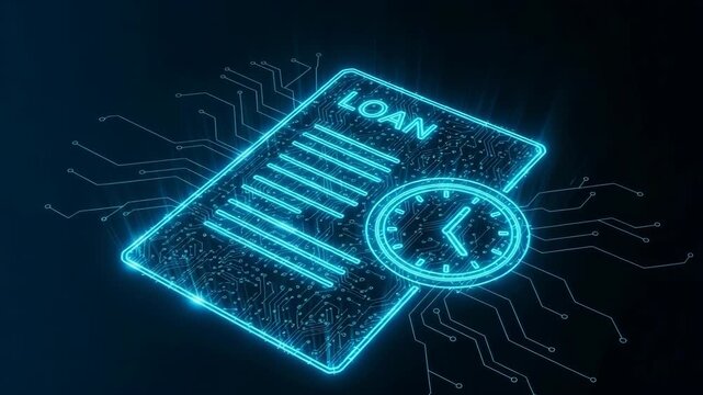 Futuristic Digital Loan Concept Showing Glowing Document With The Word Loan Clock Set Against Dark Blue Background Time In Digital Finance For Financial Tech Illustrations