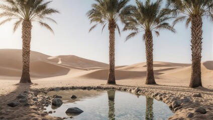 Palm trees line a shallow pool in a vast desert landscape, bathed in soft morning light
