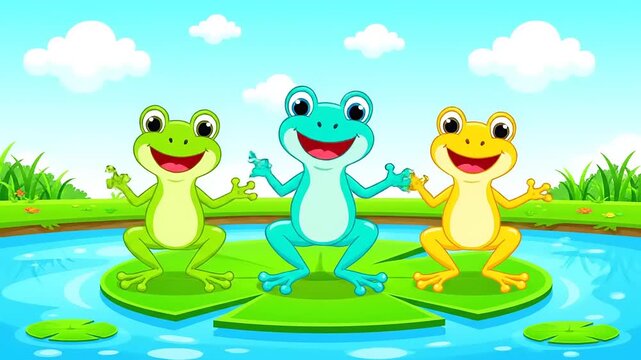 Three Happy Cartoon Frogs Sitting on Lily Pads in a Pond.