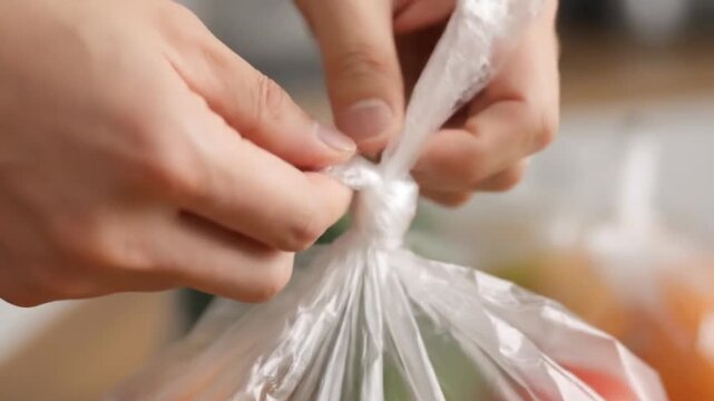 Hand Tying Plastic Grocery Bag in Everyday Life