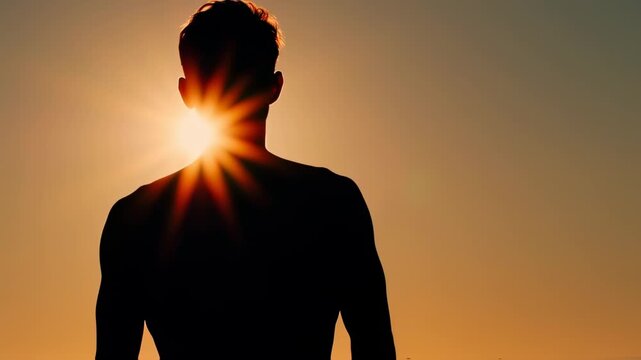 A man stands alone with back turned towards the camera as the sun sets behind him casting a warm orange glow on the serene landscape.