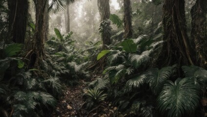 Lush, misty rainforest path. Dense vegetation and towering trees fill the scene