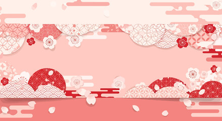 Elegant Japanese cherry blossom and traditional cloud pattern background, ideal for spring celebrations and cultural events with a festive Asian design