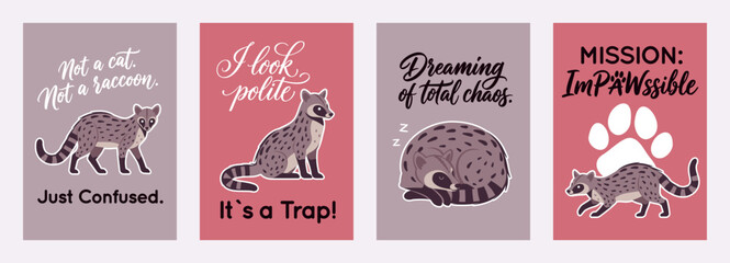 Cute civet funny slogan poster banner set. Inspirational quote, T-shirt printing, motivational copybook covers ready design, creative banner typography, tote bag, flyer decor. Vector illustration