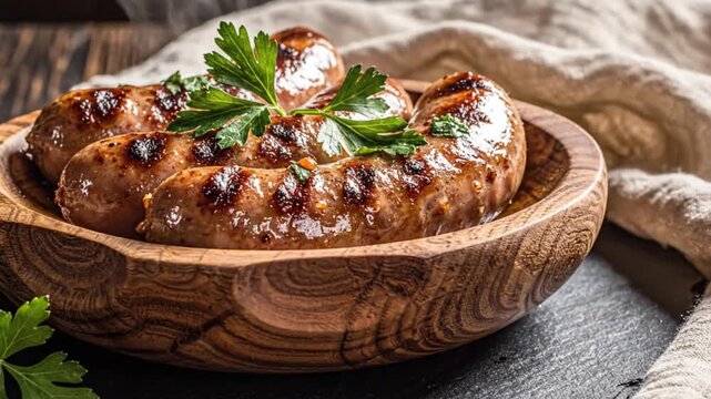 Cooked sausages reside in a wooden bowl garnished with parsley on a dark surface next to a beige cloth