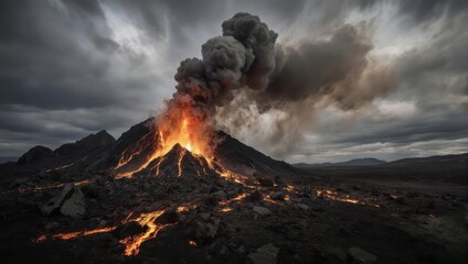 Volcanic eruption, fiery landscape under dramatic sky
