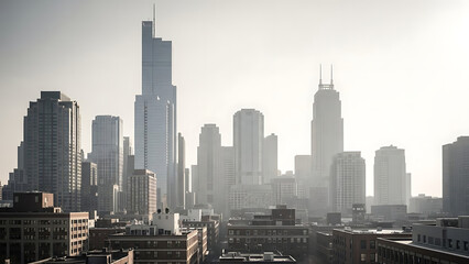 Fototapeta premium Modern City Skyline with Tall Skyscrapers Against a Hazy Sky