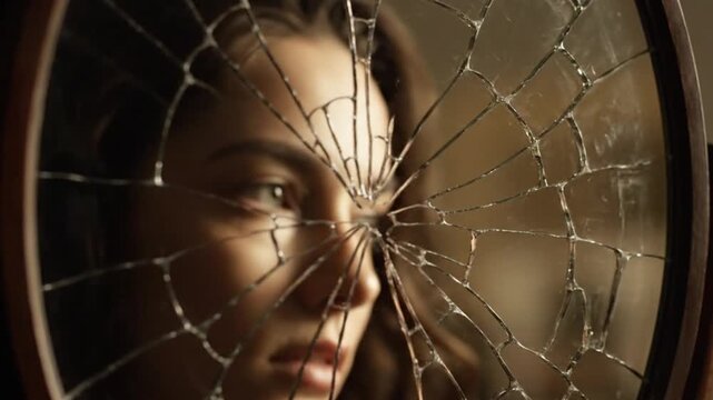 Cracked Mirror Reflecting Partial Face in Quiet Interior