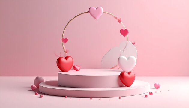 A pink platform with red & white hearts arranged in a romantic setting under a golden arch, creating a dreamy atmosphere