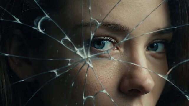 Cracked Mirror Reflecting Partial Face in Quiet Interior