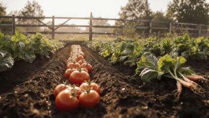 Rows of ripe tomatoes in a garden bed, alongside other produce. Sunlight illuminates the scene.  Wooden fence in background