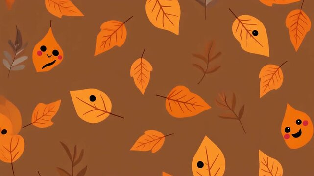  Cute autumn looping pattern video with smiling leaf motif, warm orange and brown palette