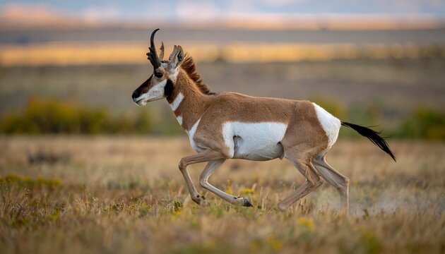 A pronghorn gracefully runs through golden grasses under a soft, muted sky at sunset
