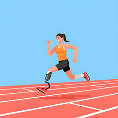 Obraz premium Strong Disabled Female Athlete Running on Track with Prosthetic Leg