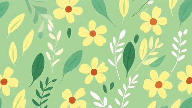 Cute spring pattern video with flower and leaf motif, pastel green and yellow colors