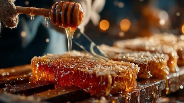 Honey drizzling on honeycomb close up food photography