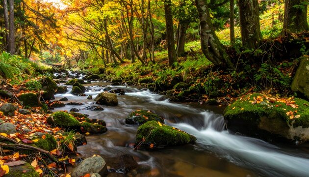 A river flows through an autumn forest, long exposure softening the water, with colorful leaves & mossy rocks