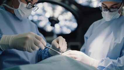 Two surgeons in scrubs operate on a patient, close-up