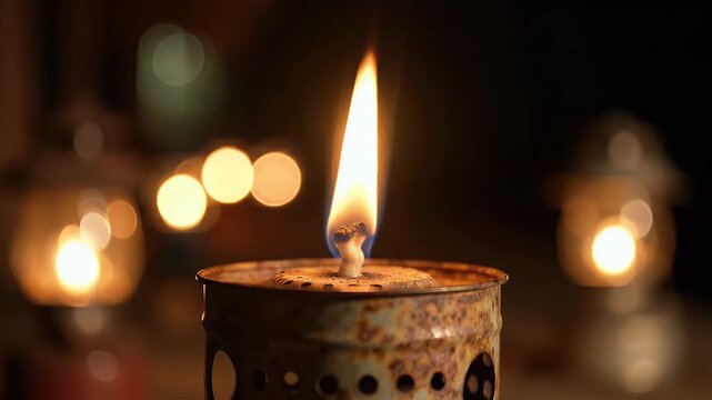 Close Up of Rusty Indonesian Oil Lamp representing Traditional Village Night Atmosphere