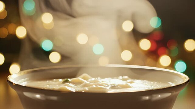 Close Up of Steaming Soup Bowl with Bokeh representing Festive Comfort and Warmth