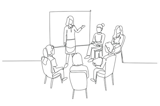 Single one line drawing female presenter leading meeting with participant seated in circle. Professional workshop or team brainstorming session. Continuous line draw design graphic vector illustration