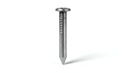 A single, silvery metal nail stands upright against a stark white background, casting a soft shadow