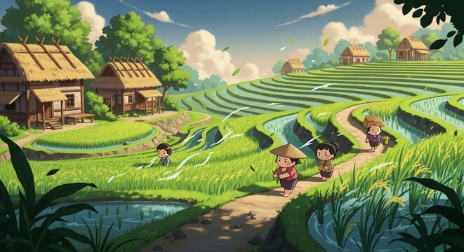 Cartoon depiction of a rural landscape with terraced fields and dwellings