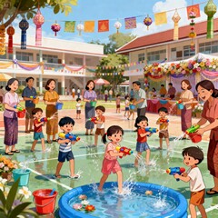 A family-friendly illustration Songkran festival scene designed for a school or family event. Children, parents, and teachers are joyfully. The setting is a school yard 