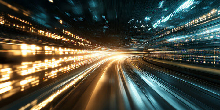 Abstract digital tunnel with light streaks and glowing data streams, representing speed and technology