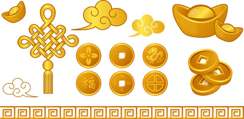 Chinese New Year golden symbols set on transparent background including knot, coins, ingots, clouds
